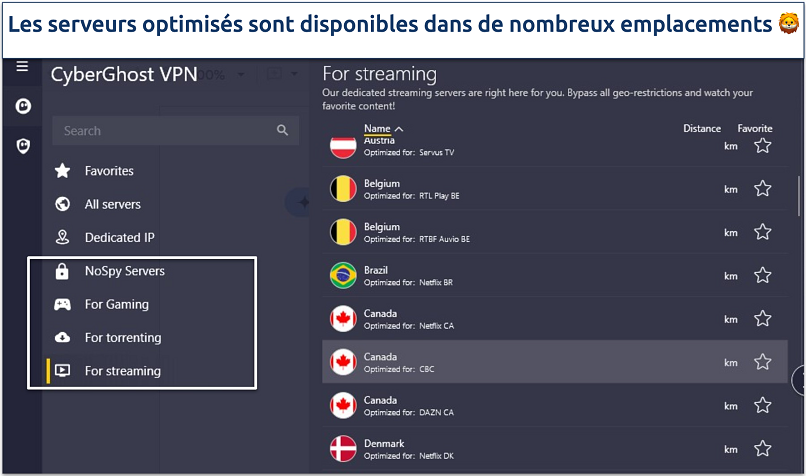 Screenshot of CyberGhost optimized servers for Canada