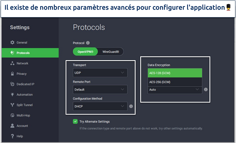 A screenshot of PIA's app protocol and encryption settings