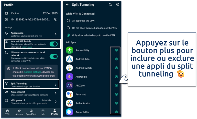Screenshot of ExpressVPN settings showing Split Tunneling options for selecting apps