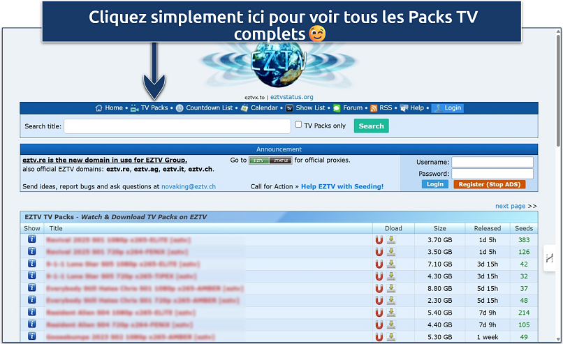 Screenshot of the TV Packs page on EZTV