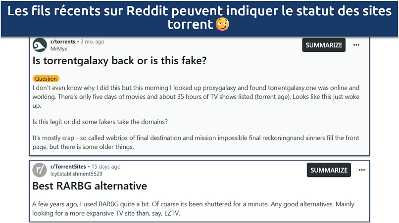 Screenshot of Reddit posts talking about TorrentGalaxy and RARBG
