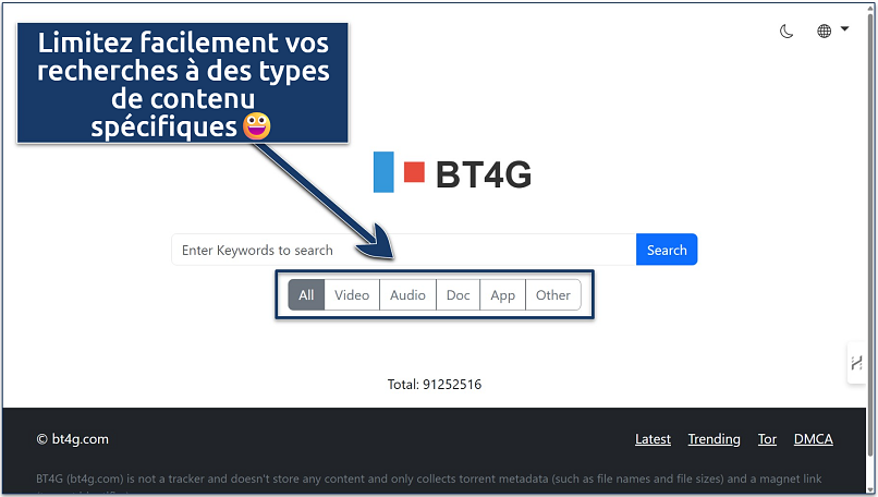 Screenshot of the BT4G home search page