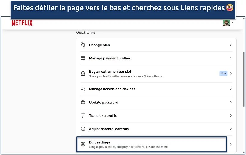 Screenshot of the Netflix Account settings interface showing the Quick Links options