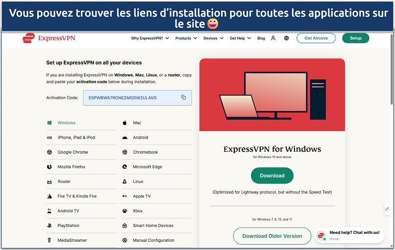 Screenshot of the supported devices download links in the ExpressVPN account dashboard