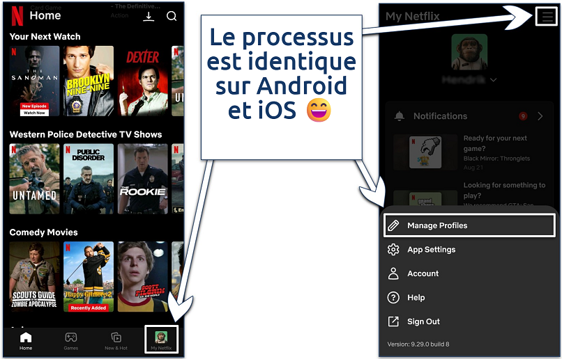 Screenshot of the Netflix mobile app interface with its Profile settings navigation