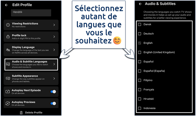 Screenshot of the Netflix mobile app language selection settings