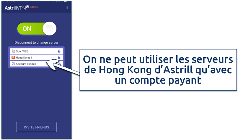 Screenshot of AstrillVPN showing that Hong Kong servers are locked with a free account