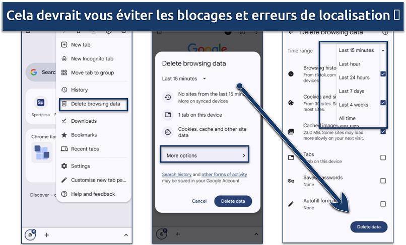 Step-by-step screenshots showing how to delete browsing data in Chrome