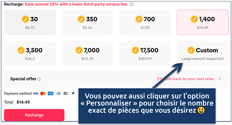 Screenshot of TikTok recharge page highlighting coin bundle options