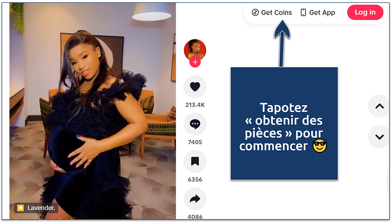 Screenshot showing the TikTok interface with an arrow pointing to the “Get Coins” button at the top right