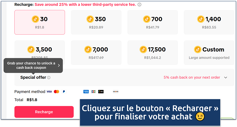 Screenshot of TikTok coin recharge page in Brazilian currency (R$), showing reduced prices for different bundles