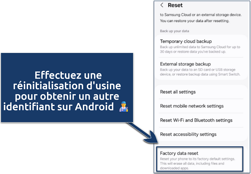 Image d'une réinitialisation d'usine dans les paramètres Android