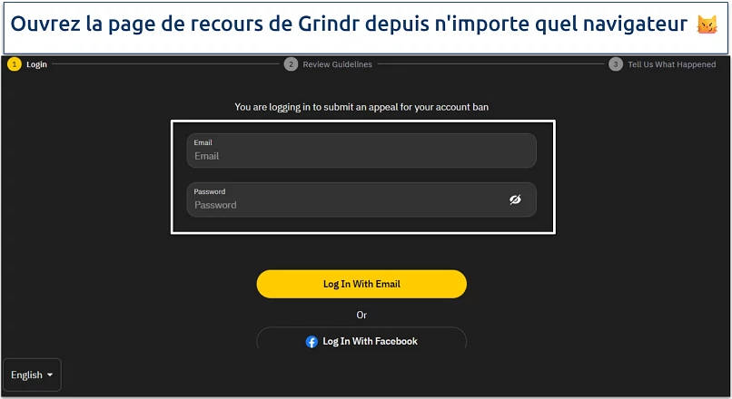 Image de la page de connexion pour Présenter un recours sur Grindr