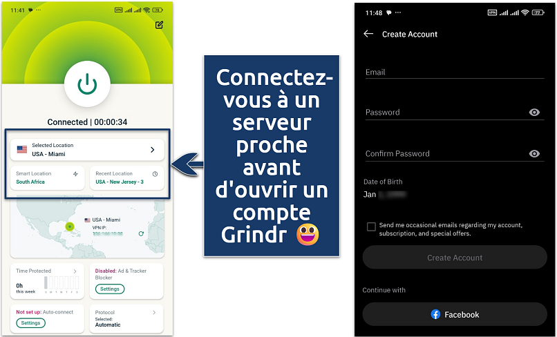 Image d'un VPN connecté et de la page d'inscription de l'application Grindr