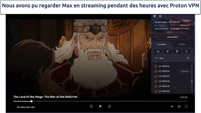 Capture d'écran du lecteur Max diffusant Le Seigneur des Anneaux : La Guerre des Rohirrim en étant connecté à un serveur VPN américain gratuit de Proton