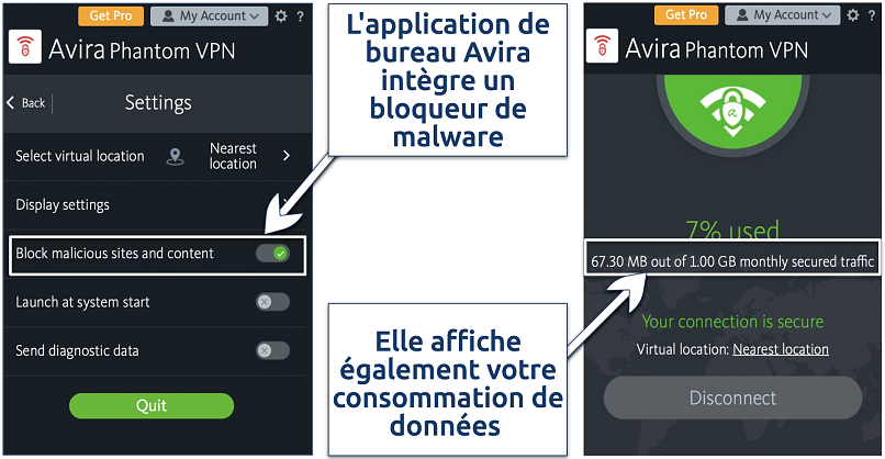 Capture d'écran montrant les paramètres et l'interface principale de l'application Avira pour Windows