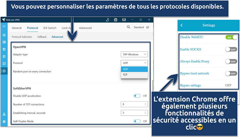 Image montrant les paramètres de protocole de l'application hide.me et de l'extension Chrome hide.me