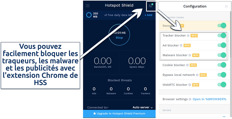Image montrant la page des paramètres et l'interface de l'extension HSS