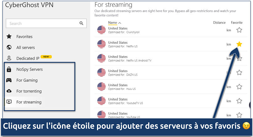Capture d'écran de la liste des serveurs spécialisés de CyberGhost