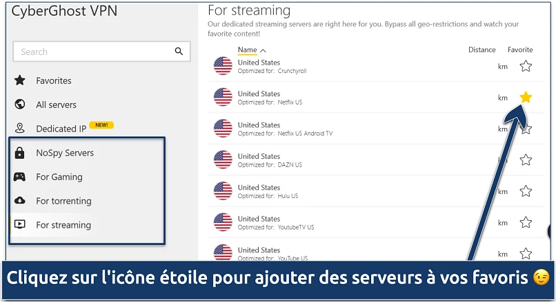Capture d'écran de la liste des serveurs spécialisés de CyberGhost