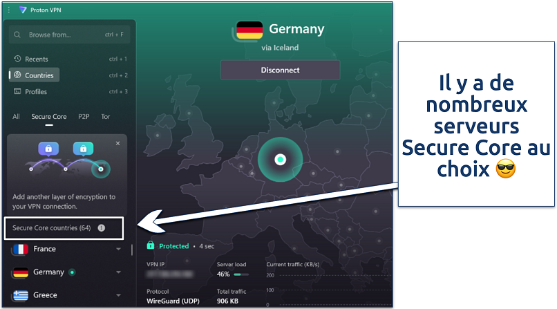 Capture d'écran du tableau de bord de l'application Proton VPN pour Windows affichant les serveurs Secure Core