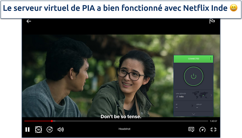 Screenshot of Headshot steaming on Netflix India with PIA connected