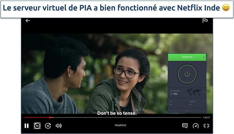 Screenshot of Headshot steaming on Netflix India with PIA connected