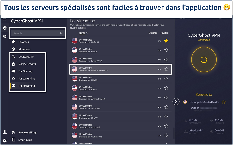 Screenshot of CyberGhost's Windows app with its specialty server categories highlighted