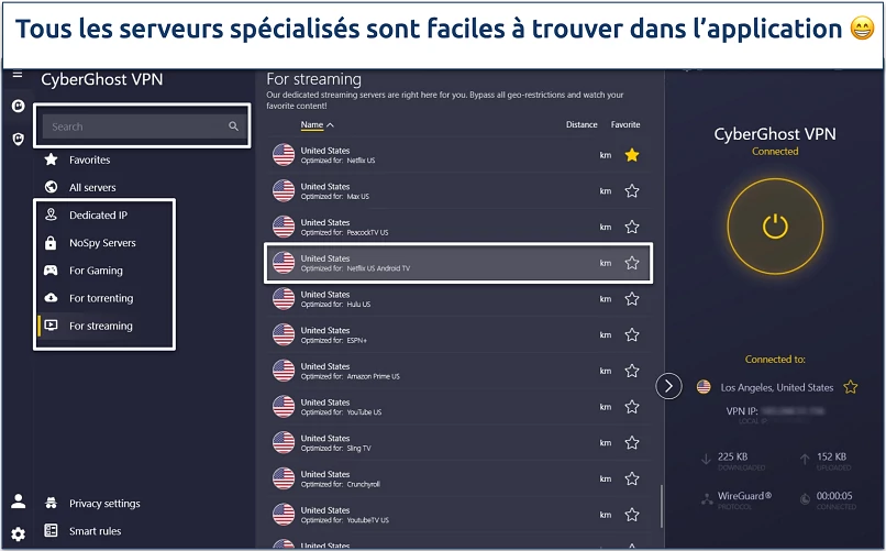Screenshot of CyberGhost's Windows app with its specialty server categories highlighted