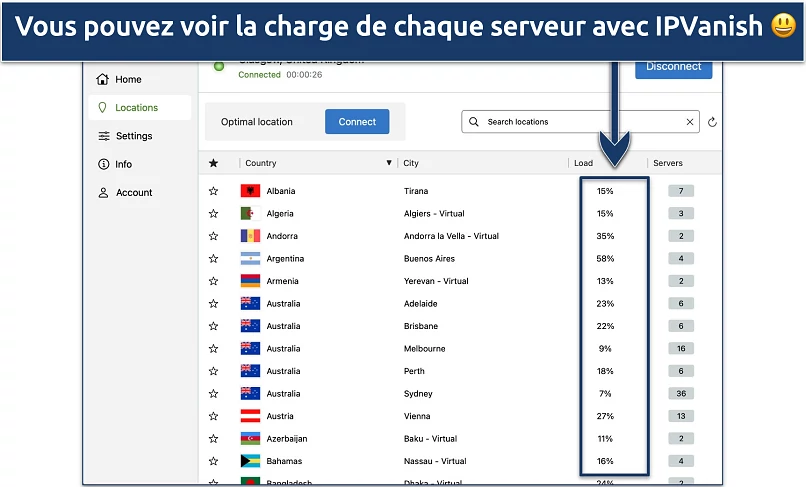 Screenshot of IPVanish's Windows app highlighting he server list