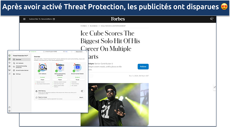 Screenshot of Forbes without ads when NordVPN's Threat Protection is enabled