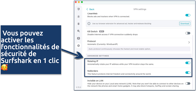 Screenshot of Surfshark's Windows app highlighting advanced security features